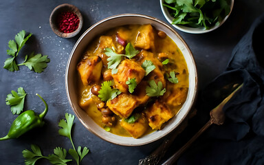 Capture the essence of Aloo Mutter in a mouthwatering food photography shot - obrazy, fototapety, plakaty