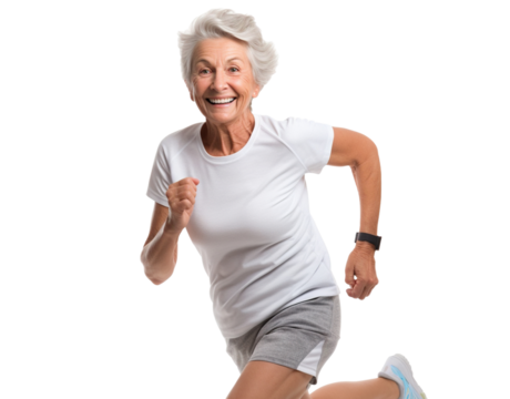 Happy middle-aged woman jogging, cut out