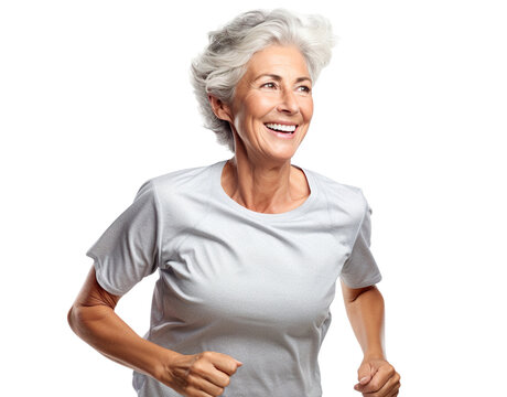 Happy middle-aged woman jogging, cut out