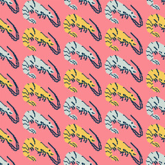 Seamless pattern, background, wrapping paper, illustration, postcard, print with shrimps in vector. Pixel art