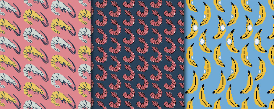 Vector set with seamless patterns with food. Shrimp, banana, seafood, fruit. Backgrounds, designs