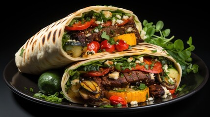 Wrap sandwich with grilled vegetables and cheese on black plate - Powered by Adobe