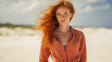 Fototapeta na wymiar Portrait of a beautiful young woman with orange hairs and outfit at white sand beach looking at the camera 