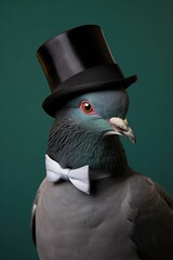 Portrait of a funny looking pigeon in a bow tie and hat
