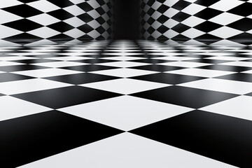 Black and white checkered background of the room. © YULIYA