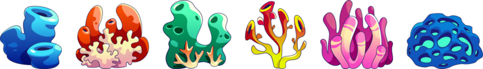 Seaweed and coral cartoon vector illustration set. Underwater ocean and aquarium plants and creatures. Various aquatic colorful marine algae and oceania sponge. Wildlife natural seabed flora. - obrazy, fototapety, plakaty