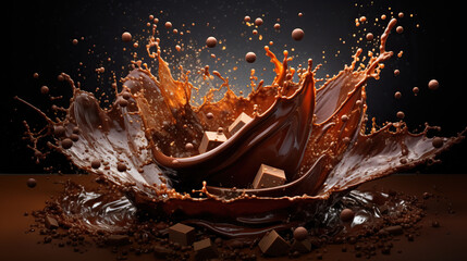 Chocolate splash in a cup of hot cocoa with marshmallows on a dark background with copy space....