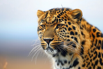 a close-up of a leopard's face, capturing its intense gaze and the intricate spotted pattern of its fur, with a soft-focus background.
