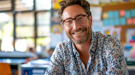 Obraz premium Portrait of smiling male teacher in a class at elementary school looking at camera with behind them is a backdrop of a classroom background