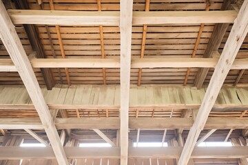 rough-hewn wooden beams in old barn