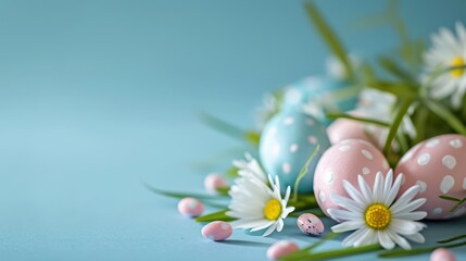 Beautiful Easter background with vibrant eggs set against a pastel palette, enhanced by enchanting light effects and a gentle blur, providing ample copy space.
