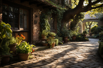 Obraz premium front garden with stone footpath and brick wall with sunlight.