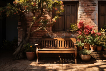 Fototapeta na wymiar Front garden with wooden bench on brick wall and wooden window background.