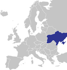 Blue CMYK national map of UKRAINE inside simplified gray blank political map of European continent on transparent background using Mercator projection