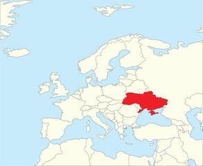Red CMYK national map of UKRAINE inside simplified beige blank political map of European continent on blue background using Winkel Tripel projection
