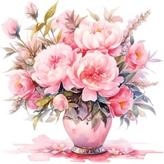 Vintage spring flowers bouquet in vase isolated on white background. Watercolor peony in pot. Valentine, woman's and mothers day concept. Element for design greeting card, banner, invitation, poster