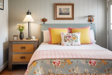 cozy room with a made-up double bed and a bedside table with a lamp
