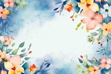 Obraz na płótnie Canvas Floral watercolor frame with spring flowers and leaves on light blue background. St Valentines, Women's day, Easter. Romantic backdrop for wedding greeting card, banner, template with copy space