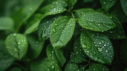 Macro photography of green leaves adorned with dewdrops.
