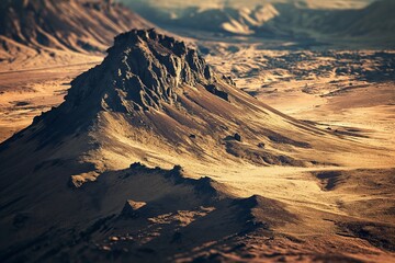 Desert landscape glows golden in the light with a prominent rugged peak providing a striking focal point