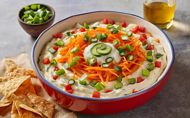 Capture the essence of Seven Layer Dip in a mouthwatering food photography shot