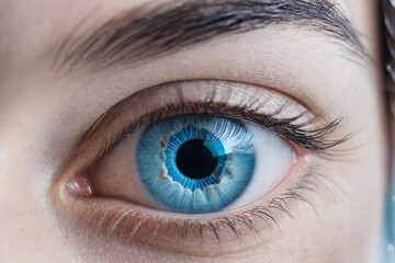 Obraz premium A close-up beautiful eye of a female person, ice crystal cold freezing blue water in the eye iris