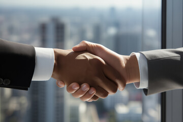 Closeup of Business men holding hands in a high-rise office with windows.
