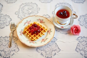 Fototapeta na wymiar traditional belgian waffles with cherry compote on a lace doily