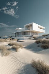 Obraz na płótnie Canvas Modern white house with geometric forms ascending from sandy beach dunes against a softly clouded sky