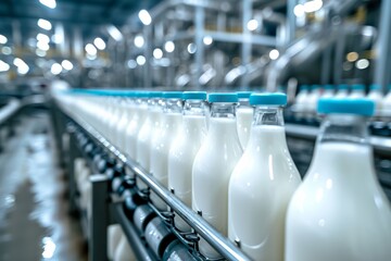 Bottled milk production line. AI generative
