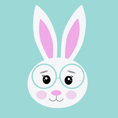 Cute hare, bunny with kawaii eyes wearing glasses. Animals flat vector illustration
on a yellow background.