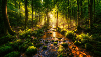 Enchanted Forest Stream at Golden Hour