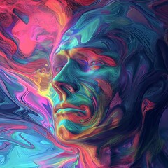 Psychedelic abstract digital art of a face with vivid liquid colors blending together
