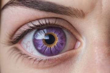 A close-up beautiful eye of a female person, natural growing floral pink and purple flowers in the eye iris