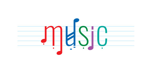 music logo. music word and note concept - obrazy, fototapety, plakaty