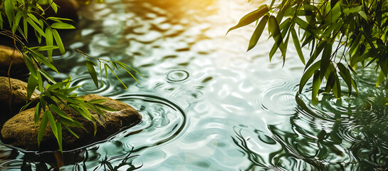 Tranquil spa banner with serene bamboo leaves over rippling water bathed in soft sunlight,...