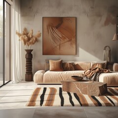 Trendy living room with a warm ambiance showcasing abstract artwork, complemented by earth-toned décor