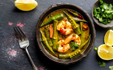 Fototapeta premium Capture the essence of Okra and Shrimp Curry in a mouthwatering food photography shot