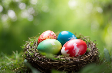 easter eggs in a nest in a fresh green nature bokeh background with copy space