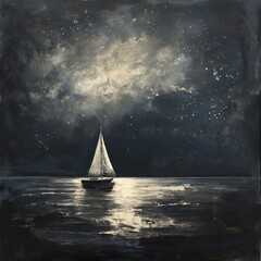 Artistic black and white painting of a small yacht floating on a calm sea under a starlit sky