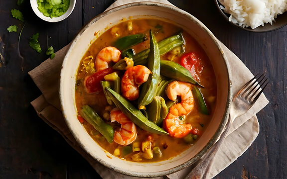 Capture the essence of Okra and Shrimp Curry in a mouthwatering food photography shot