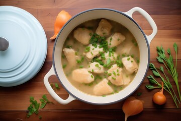 overhead shot of pot filled with chicken and dumplings