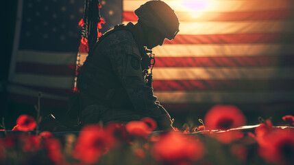 Soldier Paying Tribute to American Flag With Kneeling Gesture