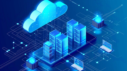 A visual concept of cloud computing, with servers and data floating in a virtual cloud