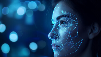 Womans Face With Digital Biometric Facial Recognition, Technology Concept in Dark Room