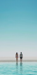 A romantic scene capturing a couple walking into the calm sea, holding hands under a clear sky