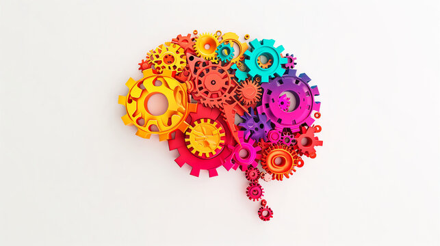 Colorful Gears Forming a Brain Shape on a White Background Illustrating Creativity