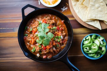 spicy chili in a cast iron skillet, side of tortillas