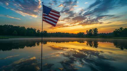 American Flag on Pole in Middle of Lake
