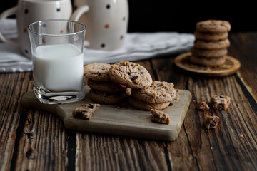 Oatmeal cookies with chocolate chips. on a wooden background. snack